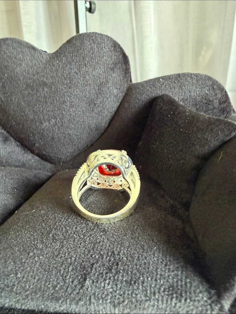 Red Cushion-Cut Cocktail Ring with Antique Silver Setting